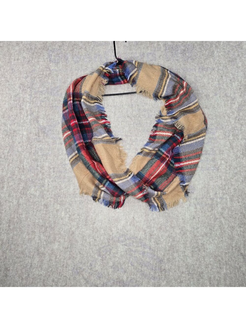Plaid Women’s Fringe Blanket Scarf Beige & Multicolor Lightweight Polyester